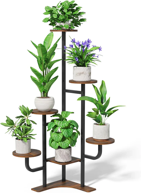 Soporte Esquinero Para Plantas De Interior En Madera y Metal De 6 Puestos