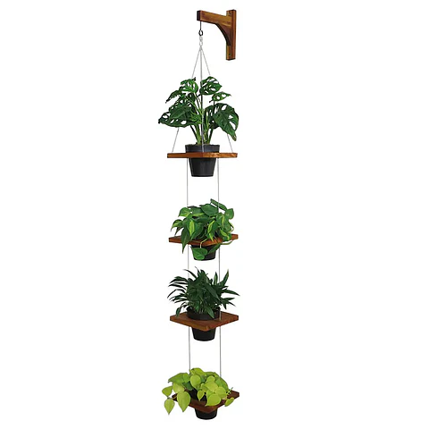 Soporte Macetas Pared x4 Puestos en Teca más Macetas Plásticas