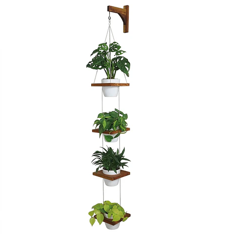Soporte Macetas Pared x4 Puestos en Teca más Macetas Plásticas