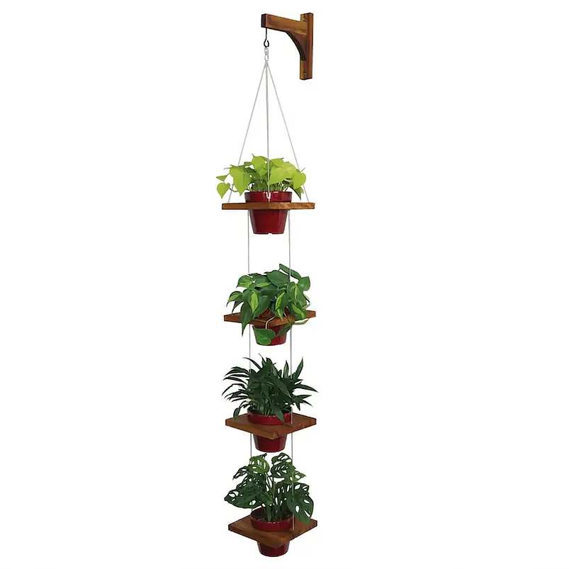 Soporte Macetas Pared x4 Puestos en Teca más Macetas Plásticas 4