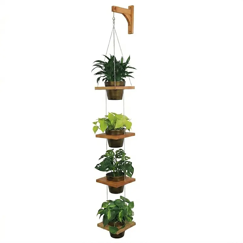 Soporte Macetas Pared x4 Puestos en Teca más Macetas Plásticas 5