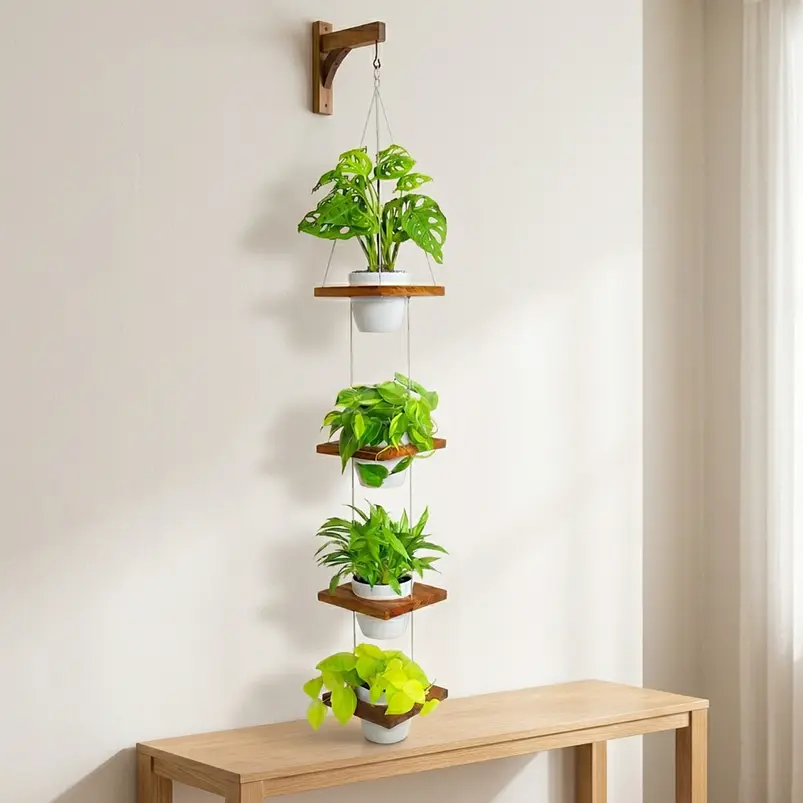 Soporte Macetas Pared x4 Puestos en Teca más Macetas Plásticas 11