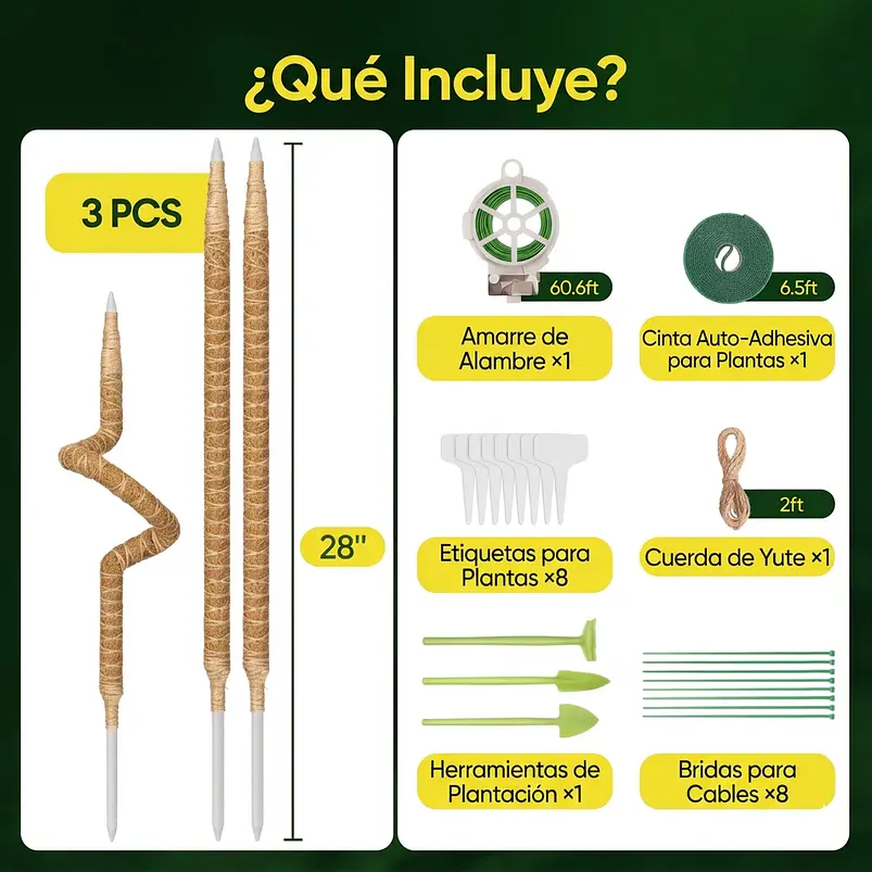 Soporte Tutor En Fibra de Coco Totem Para Plantas Trepadoras X3 Unidades Flexibles  3