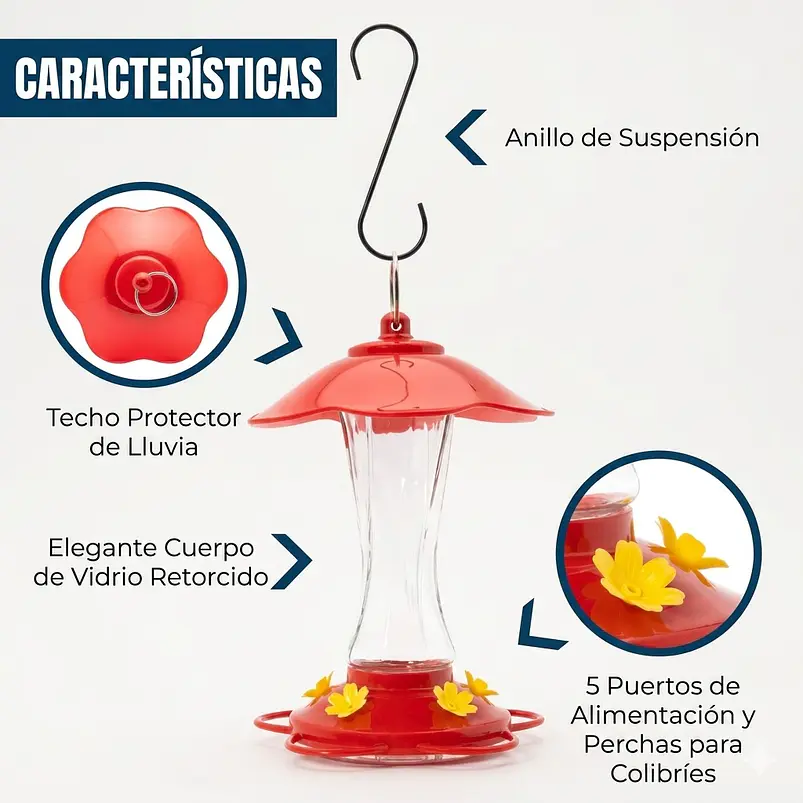 Bebedero Premium de Aves Colibríes Botella en Vidrio x10oz Colgante 7