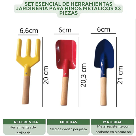 Set Esencial de Herramientas Jardinería Para Niños Metálicos x3 piezas