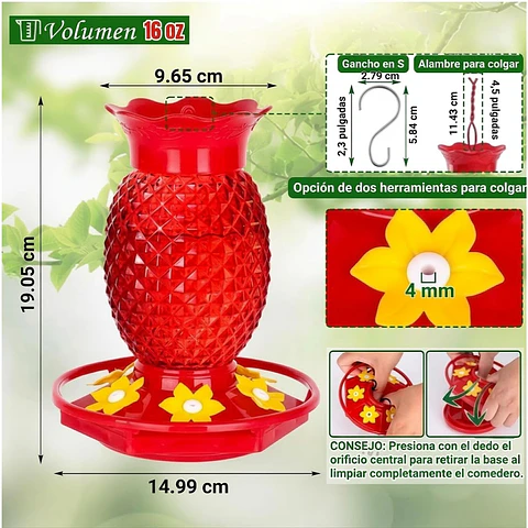 Bebedero Colibrí 16oz Diseño Piña Rojo Jardín Exterior