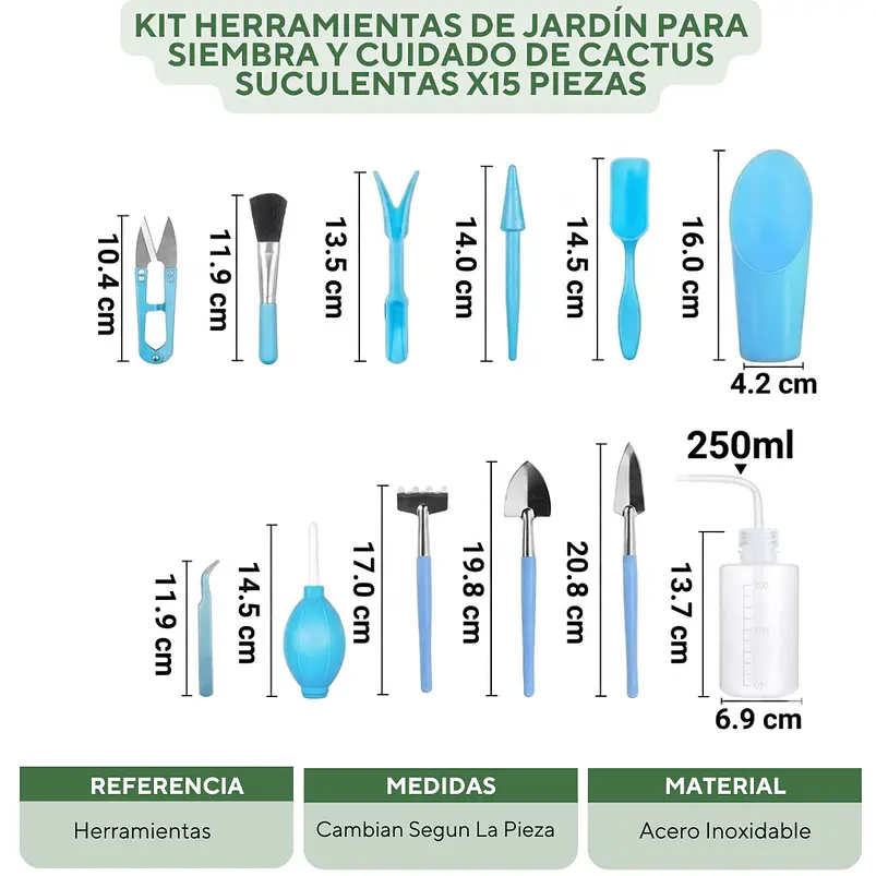 Kit Herramientas De Jardín para Siembra y Cuidado de Cactus Suculentas x15 piezas 2