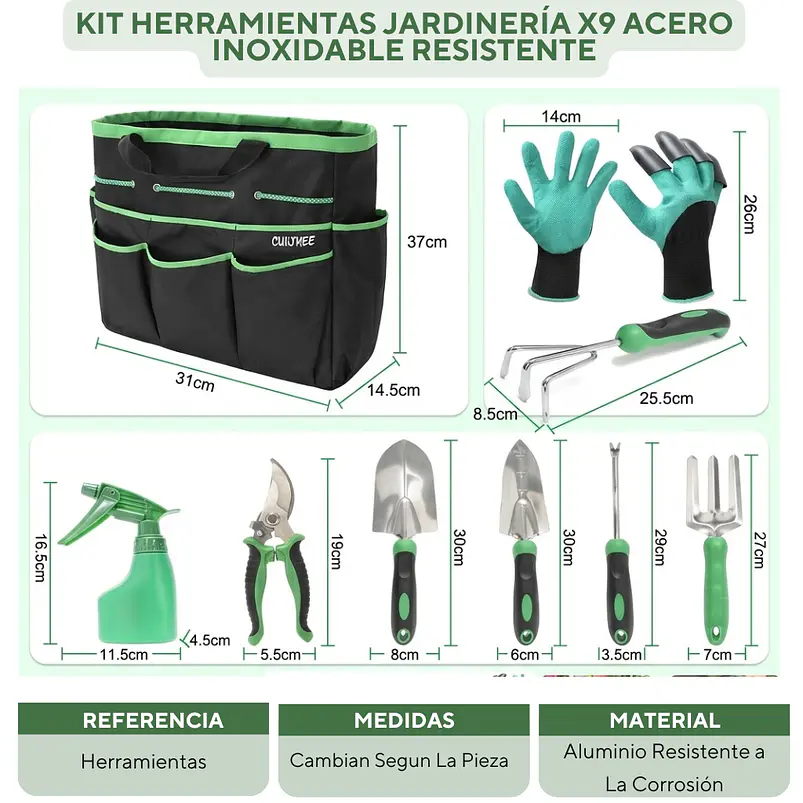 Kit Herramientas Jardinería x9 Acero Inoxidable Resistente 2