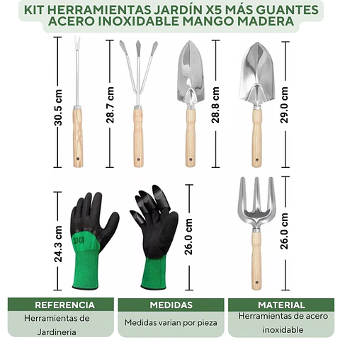 Kit Herramientas Jardín x5 más guantes Acero Inoxidable Mango Madera