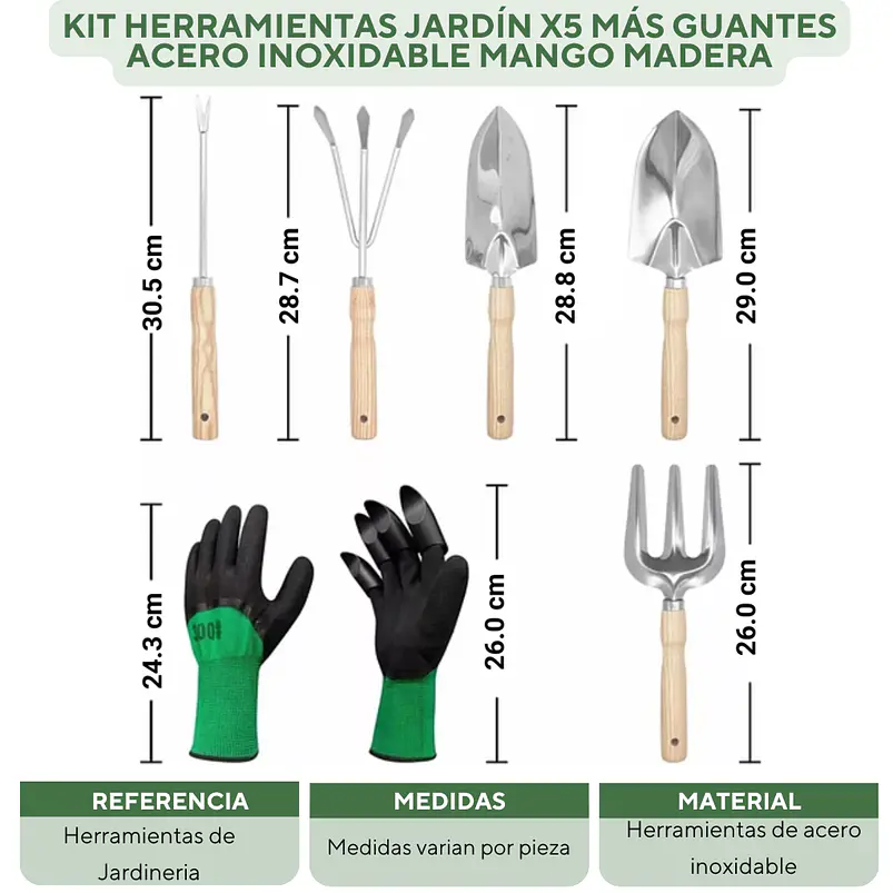 Kit Herramientas Jardín x5 más guantes Acero Inoxidable Mango Madera 2