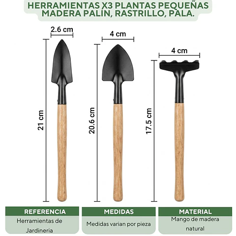 Herramientas x3 Plantas Pequeñas Madera Palín Rastrillo Pala