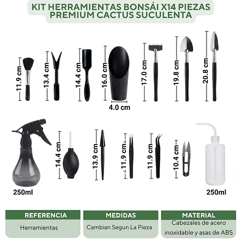 Kit Herramientas Bonsái x14 Piezas Premium Cactus Suculenta