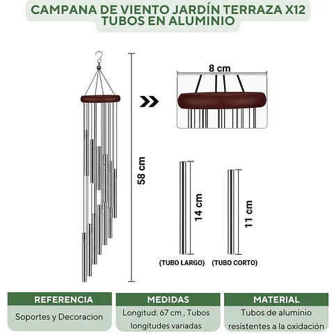 Campana De Viento Jardín Terraza x12 Tubos en Aluminio