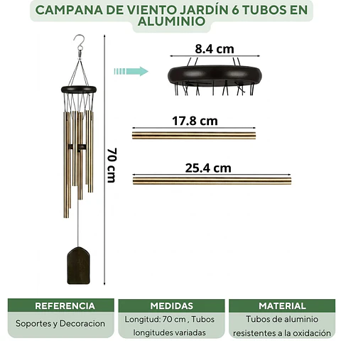 Campana de Viento Jardín 6 Tubos En Aluminio