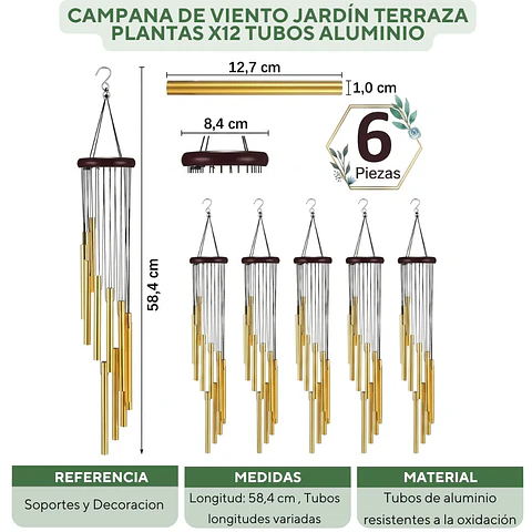 Campana De Viento Jardín Terraza Plantas x12 Tubos Aluminio