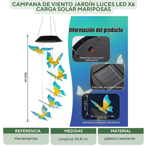 Campana De Viento Jardín Luces Led X6 Carga Solar Mariposas