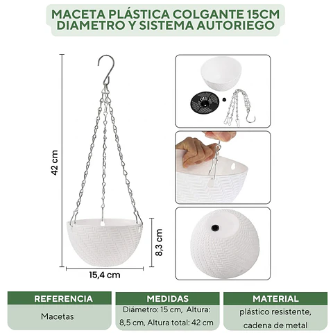 Maceta Plástica Colgante 15cm Diametro Y Sistema Autoriego