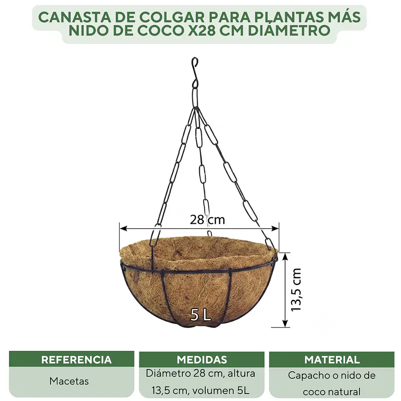 Canasta de colgar para plantas más nido de coco x28 cm diámetro 2
