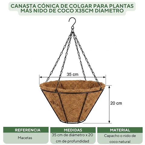 Canasta Cónica de Colgar para Plantas más Nido de Coco x35cm Díametro