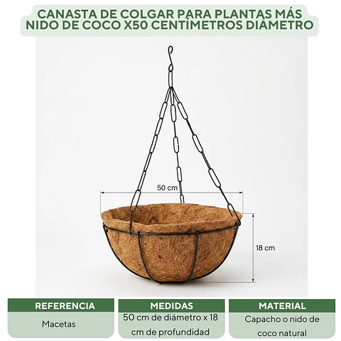 Canasta De Colgar Para Plantas Más Nido De Coco x50 Centímetros Diámetro