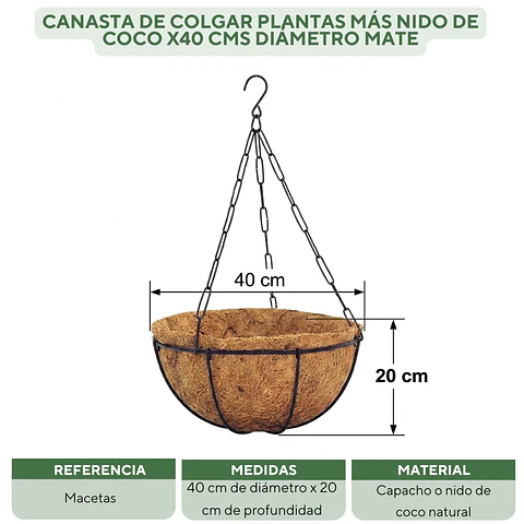 Canasta De Colgar Plantas más nido De Coco x40 Cms Diámetro Mate