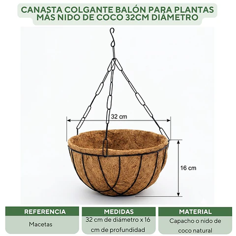 Canasta Colgante Balón Para Plantas Más Nido De Coco 32cm Diámetro
