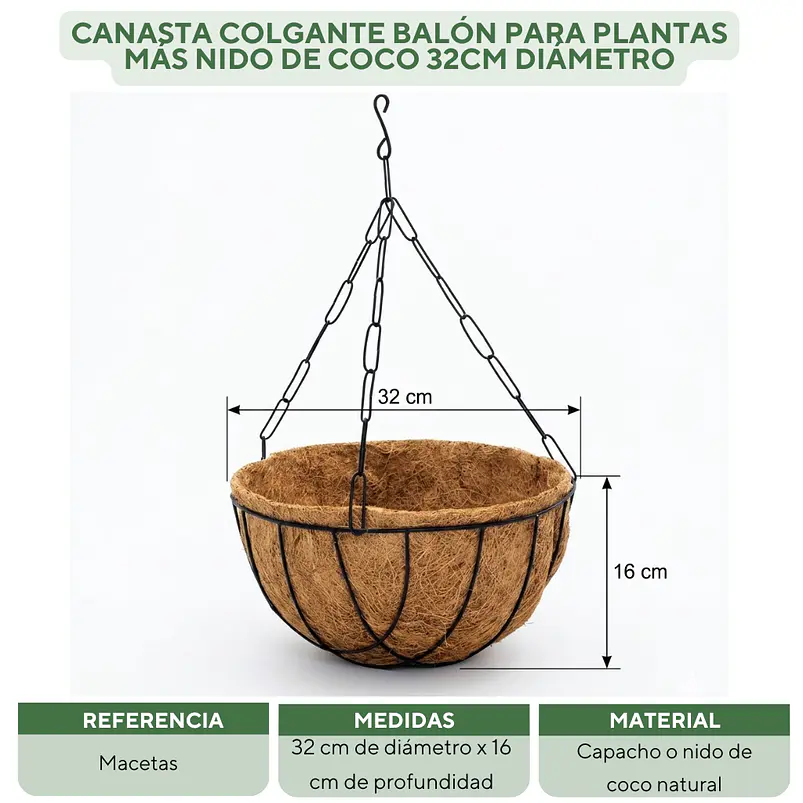 Canasta Colgante Balón Para Plantas Más Nido De Coco 32cm Diámetro 2