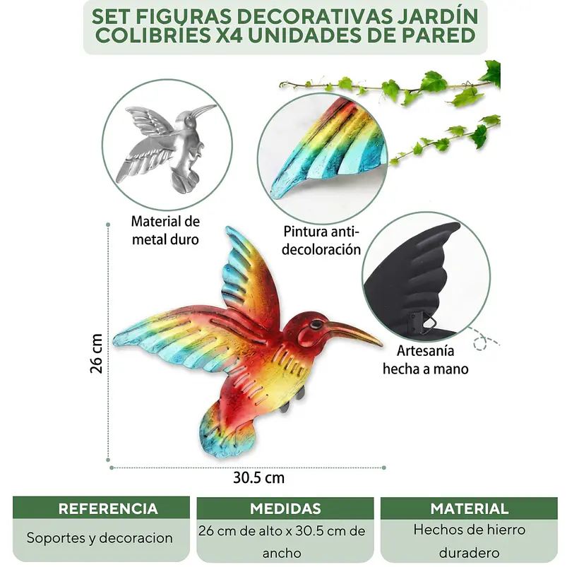 Set Figuras Decorativas Jardín Colibríes x4 unidades de pared 2