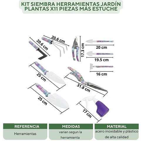 Kit Siembra Herramientas Jardín Plantas x11 Piezas Más Estuche