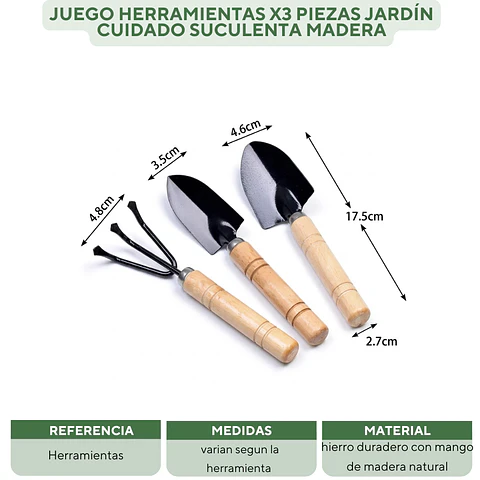 Juego Herramientas x3 Piezas Jardín Cuidado Suculenta Madera
