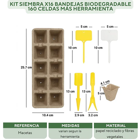 Kit Siembra x16 Bandejas Biodegradable 160 celdas Más Herramienta