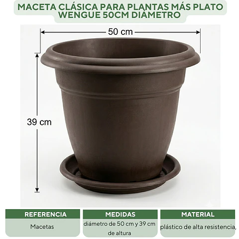 Maceta Clásica Para Plantas Más Plato Wengue 50cm Diámetro 