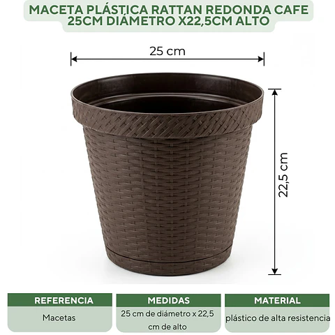Maceta Plástica Rattan Redonda Cafe 25cm Diámetro x22,5cm Alto