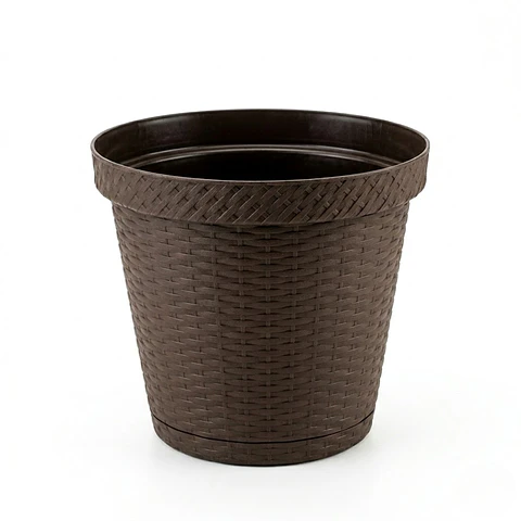 Maceta Plástica Rattan Redonda Cafe 25cm Diámetro x22,5cm Alto