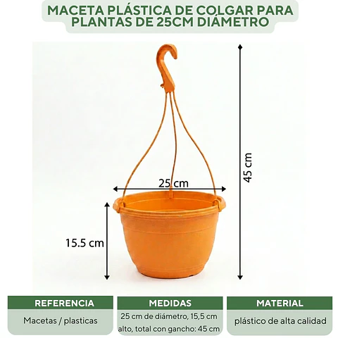 Maceta Plástica De Colgar Para Plantas De 25cm Diámetro