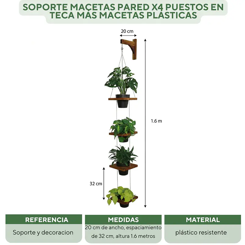 Soporte Macetas Pared x4 Puestos en Teca más Macetas Plásticas 2