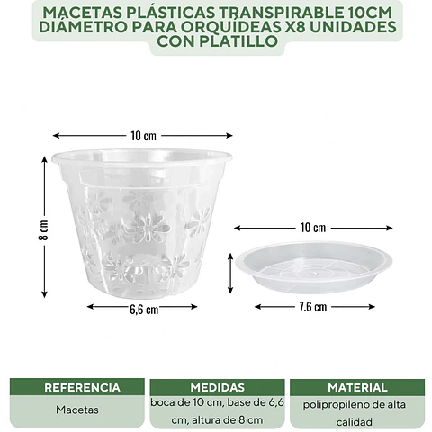 Macetas Plásticas Transpirable 10cm Diámetro Para Orquídeas x8 unidades con Platillo