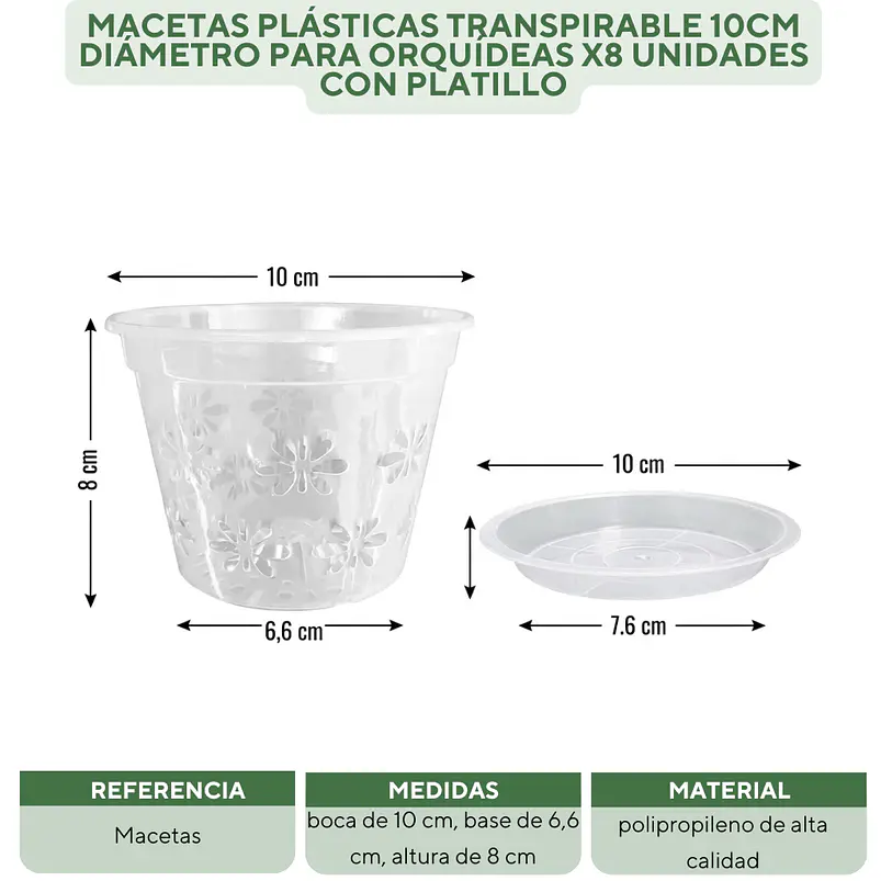 Macetas Plásticas Transpirable 10cm Diámetro Para Orquídeas x8 unidades con Platillo 2