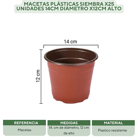 Macetas Plásticas Siembra x25 Unidades 14cm Diámetro x12cm Alto