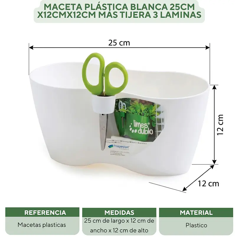 Maceta Plástica Blanca 25cm x12cmx12cm Más Tijera 3 Laminas 2