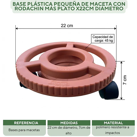 Base Plástica Pequeña De Maceta Con Rodachin Más plato x22cm Diámetro 