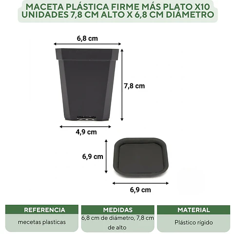 Maceta Plástica Firme Más Plato x10 Unidades 7.62cm Alto x7cm Diámetro