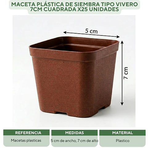 Maceta Plástica De Siembra Tipo Vivero 7cm Cuadrada x25 unidades