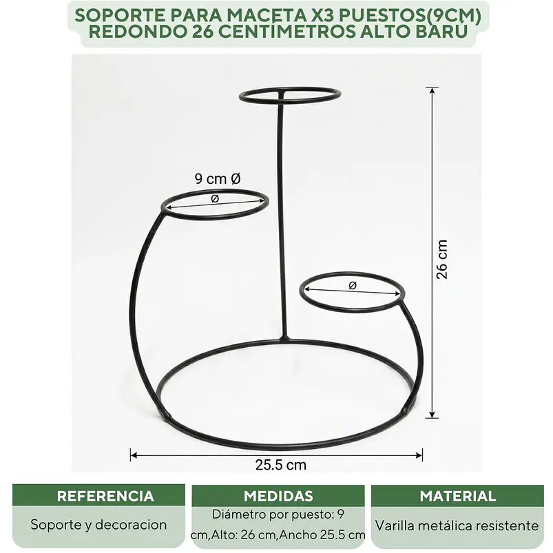 Soporte Para Maceta x3 Puestos(9cm) Redondo 26 centímetros Alto Barú 2