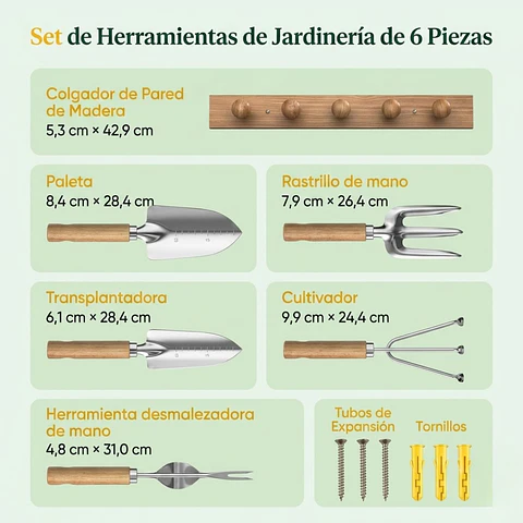 Set Herramientas de Jardinería Premium Con Soporte de Pared