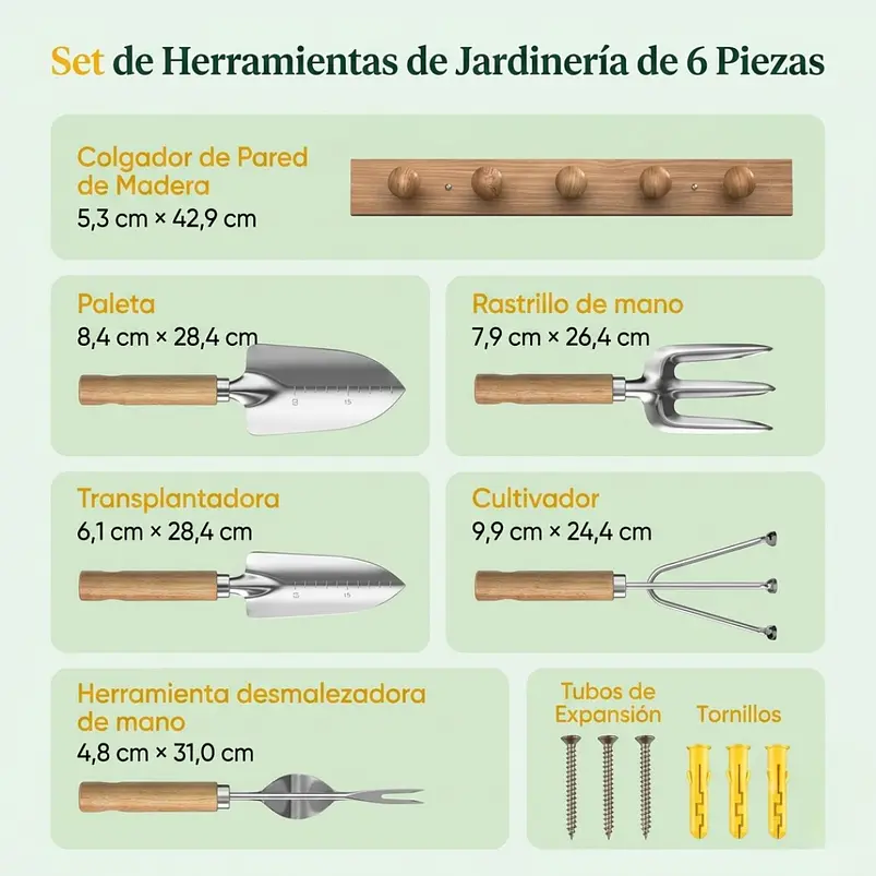 Set Herramientas de Jardinería Premium Con Soporte de Pared 2