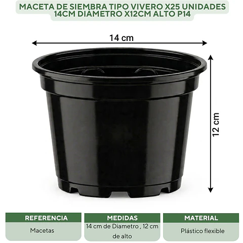 Maceta de siembra tipo vivero x25 unidades 14cm diámetro x12cm alto P14