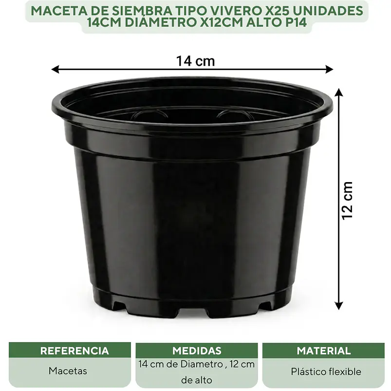 Maceta de siembra tipo vivero x25 unidades 14cm diámetro x12cm alto P14 2