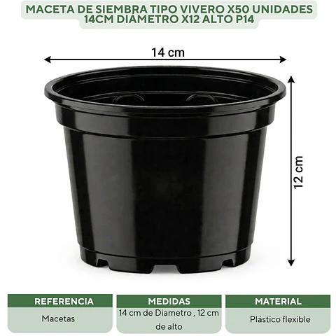 Maceta de Siembra Tipo Vivero x50 Unidades 14cm Diámetro x12 Alto P14
