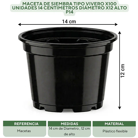 Maceta de Siembra Tipo Vivero x100 unidades 14 centimetros Diámetro x12 Alto P14